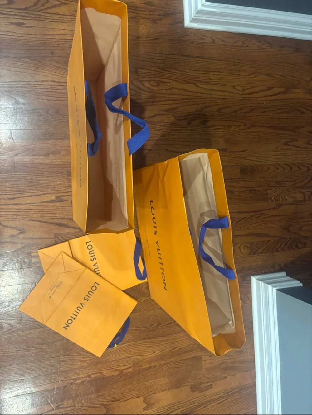 Louis Vuitton Orange Shopping Bags with Blue Handles and Logo gift set